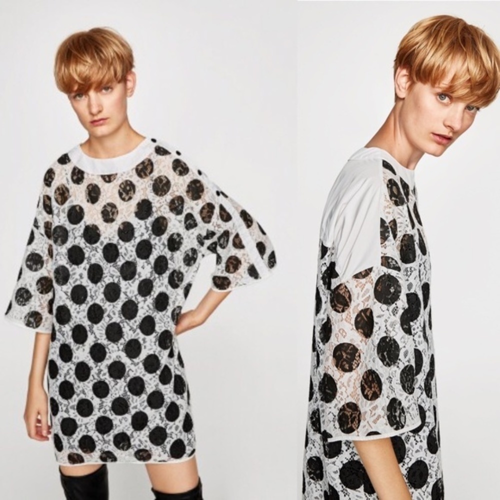 Nwt Zara Contrast Fabric Lace Polka Dots Dress Top